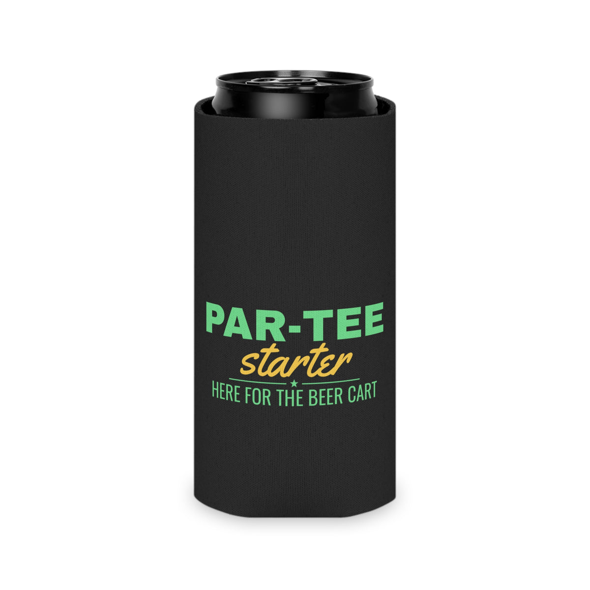 Black can cooler koozie on a can, PAR-TEE Starter logo near bottom