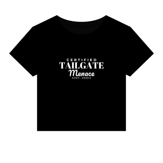 Men's black crop top T-shirt with 'Tailgate Menace' graphic on chest