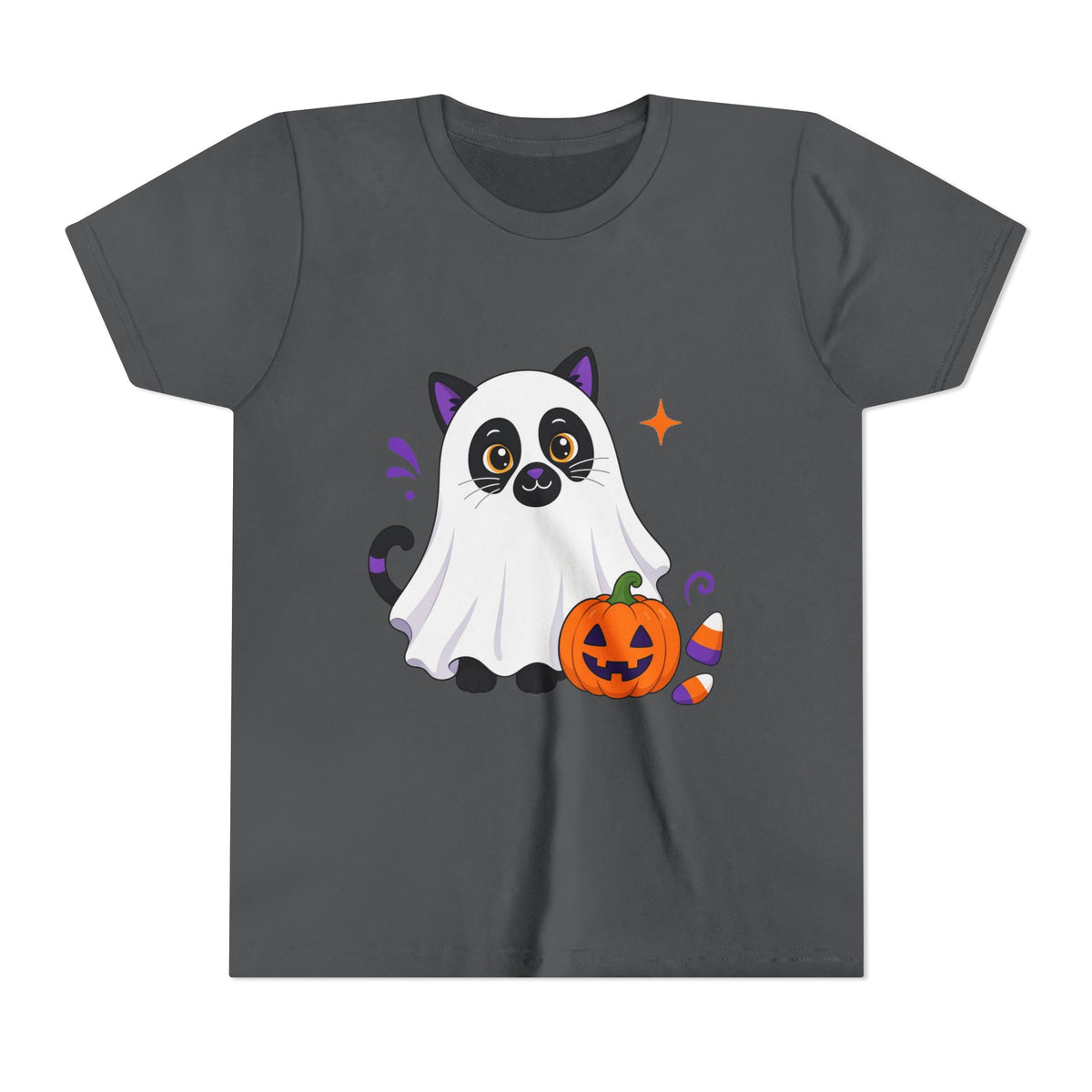 Kids gray Halloween graphic tee with ghost cat holding a jack-o'-lantern pumpkin