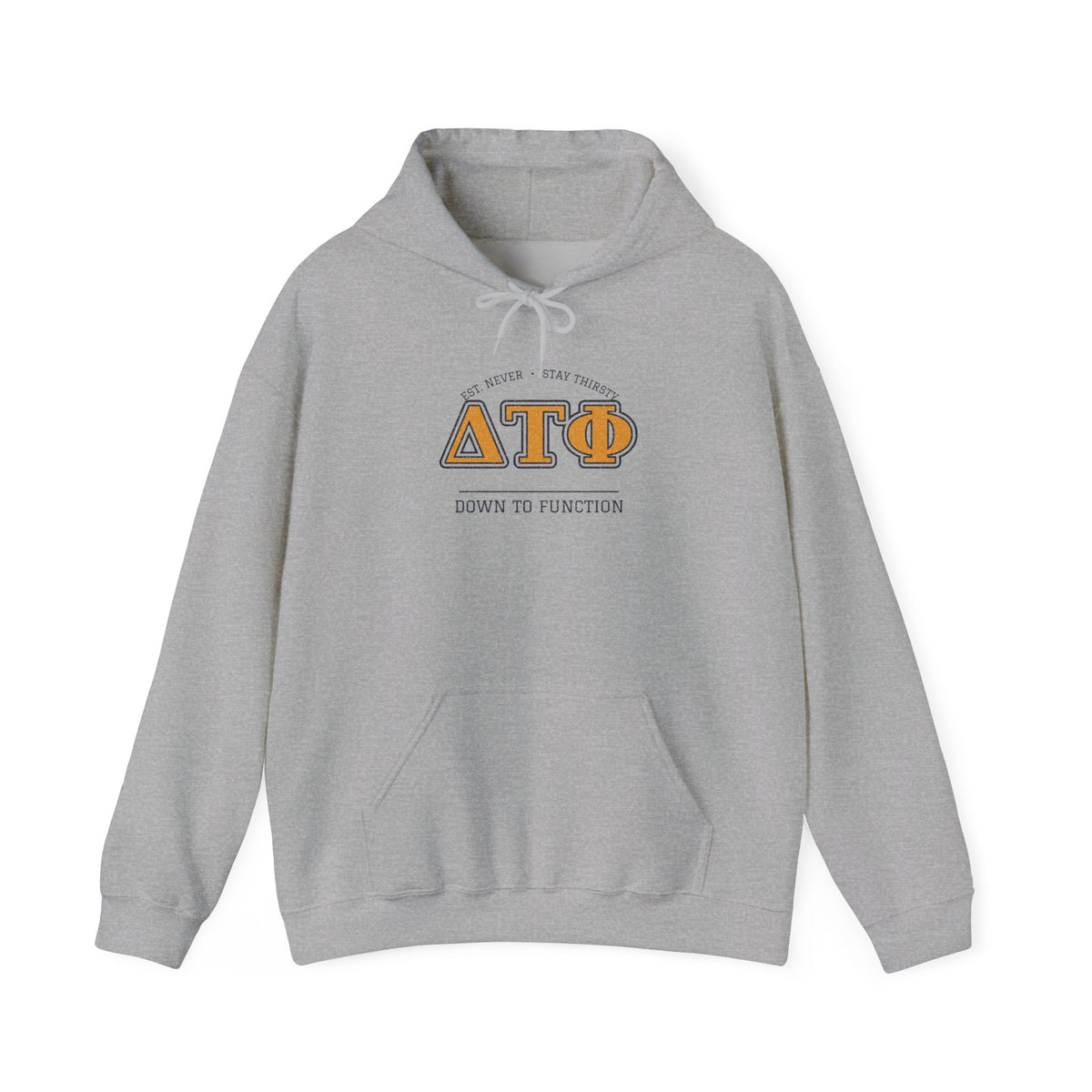 Sport grey hoodie with drawstring hood, kangaroo pocket, and Greek letter graphic