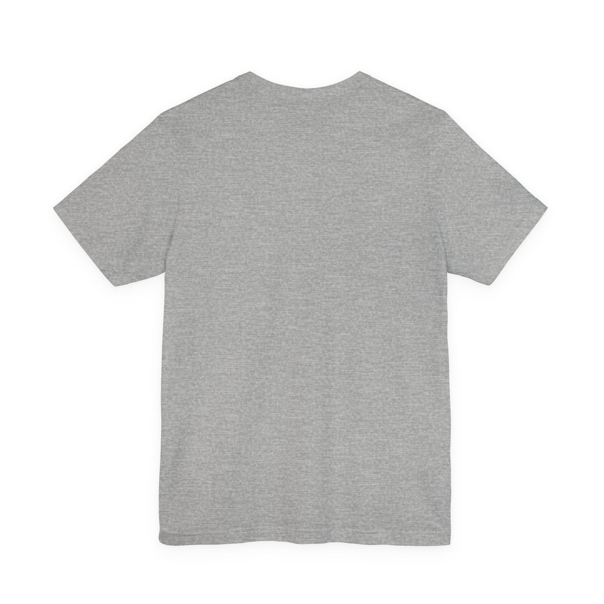 Heather gray crew-neck short-sleeve T-shirt, plain front with no visible print.