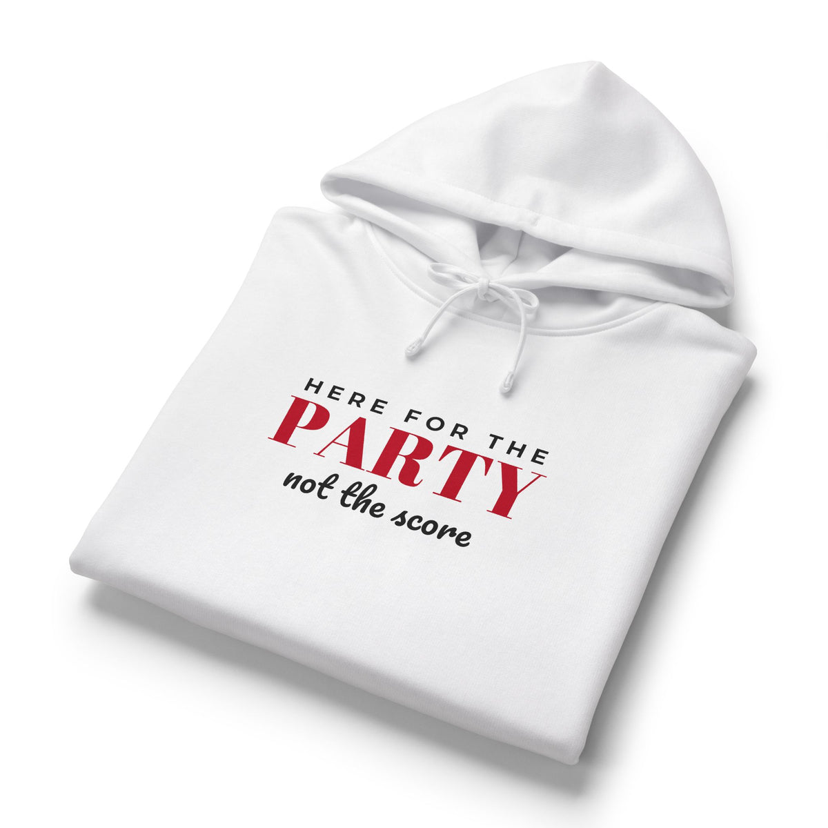 White women's hoodie, front graphic on angled view, hood with drawstrings