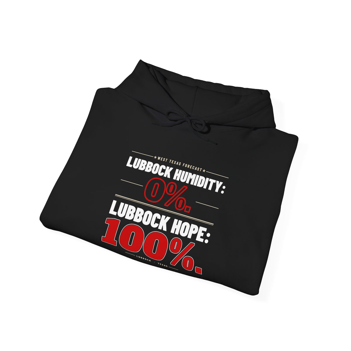 Black folded hoodie with hood and pocket, featuring "Humidity: 0%" text