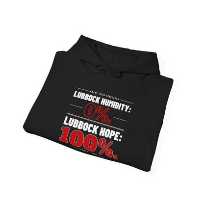Black folded hoodie with hood and pocket, featuring "Humidity: 0%" text