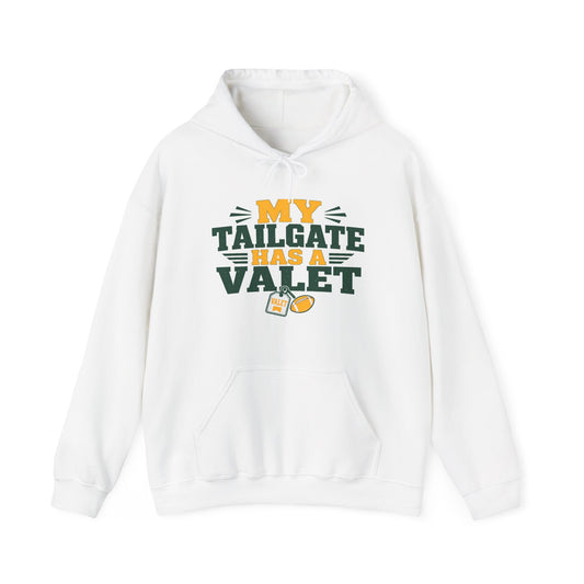 White pullover hoodie with front 'My Tailgate Has a Valet' graphic