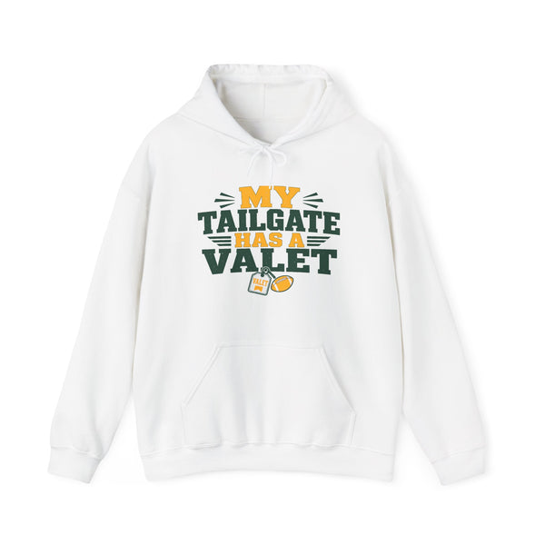 White pullover hoodie with front 'My Tailgate Has a Valet' graphic