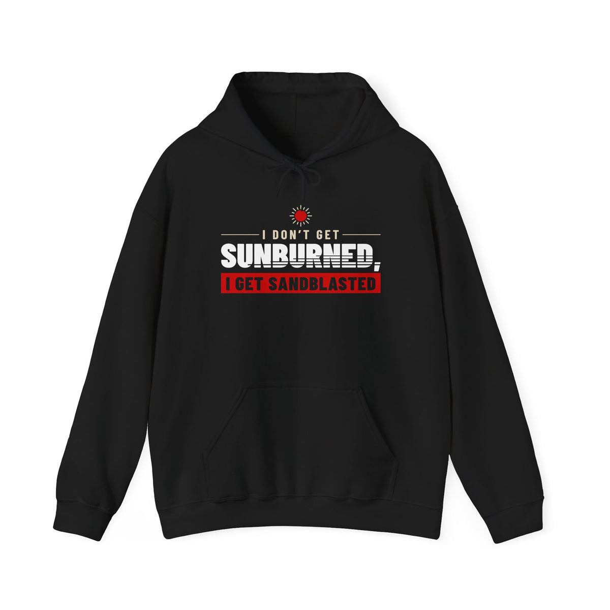 Black pullover hoodie with front kangaroo pocket and “Sunburned” graphic