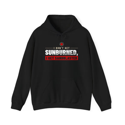 Black pullover hoodie with front kangaroo pocket and “Sunburned” graphic