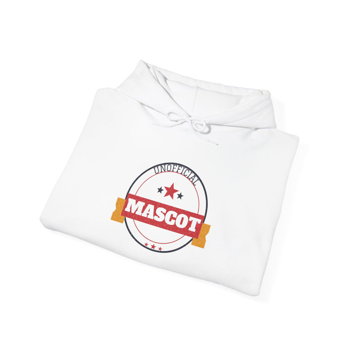 White pullover hoodie with front “UNOFFICIAL MASCOT” graphic and drawstring hood