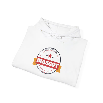 White pullover hoodie with front “UNOFFICIAL MASCOT” graphic and drawstring hood