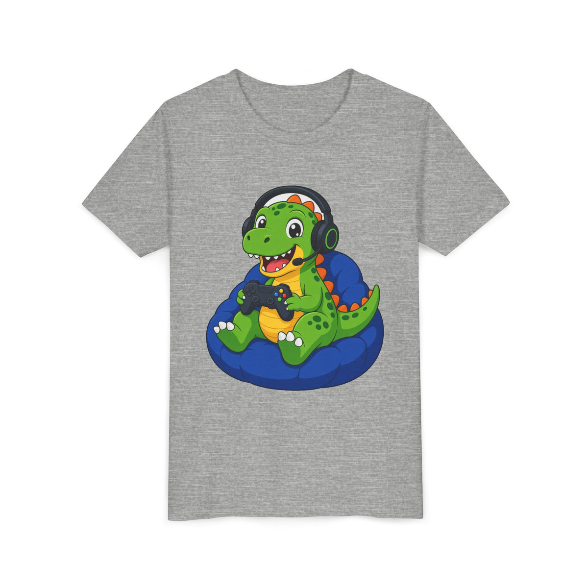 Kids ash gray crew neck T-shirt with green dinosaur gaming graphic