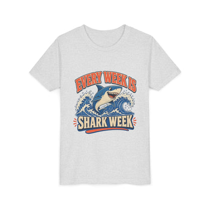 Kids graphic T-shirt, gray, front with blue shark and “Shark Week” graphic