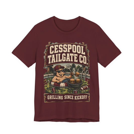 Maroon graphic T-shirt with Cesspool Tailgate Co. front grill illustration