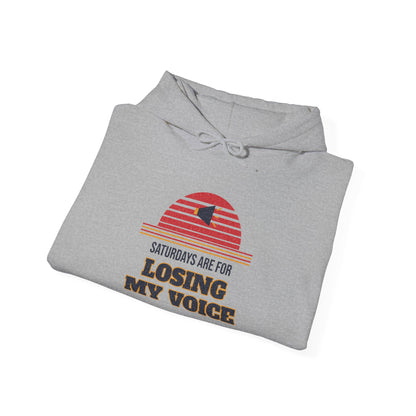 Light grey pullover hoodie with graphic front and drawstring hood
