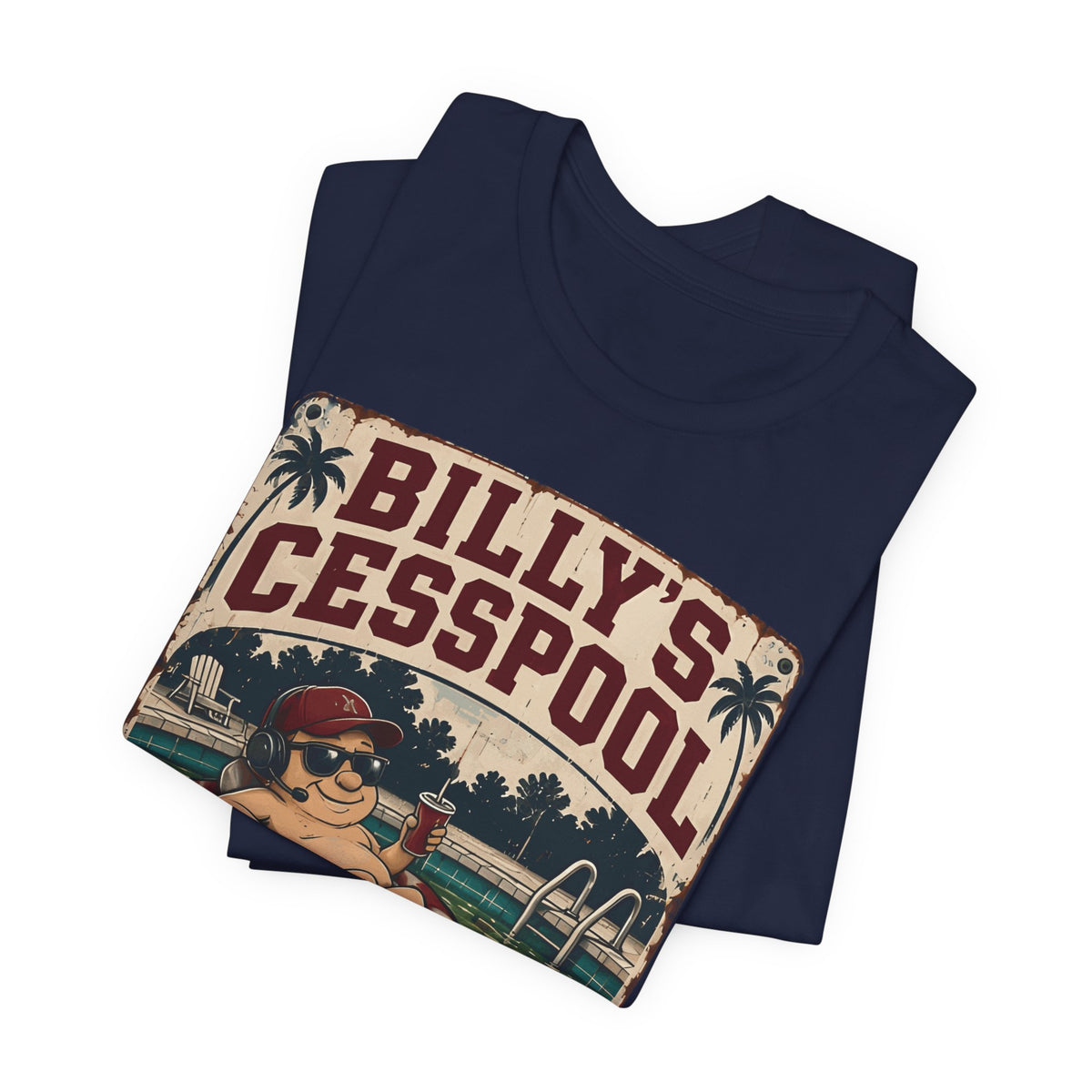 Navy T-shirt folded, featuring Billy's Cesspool graphic across chest