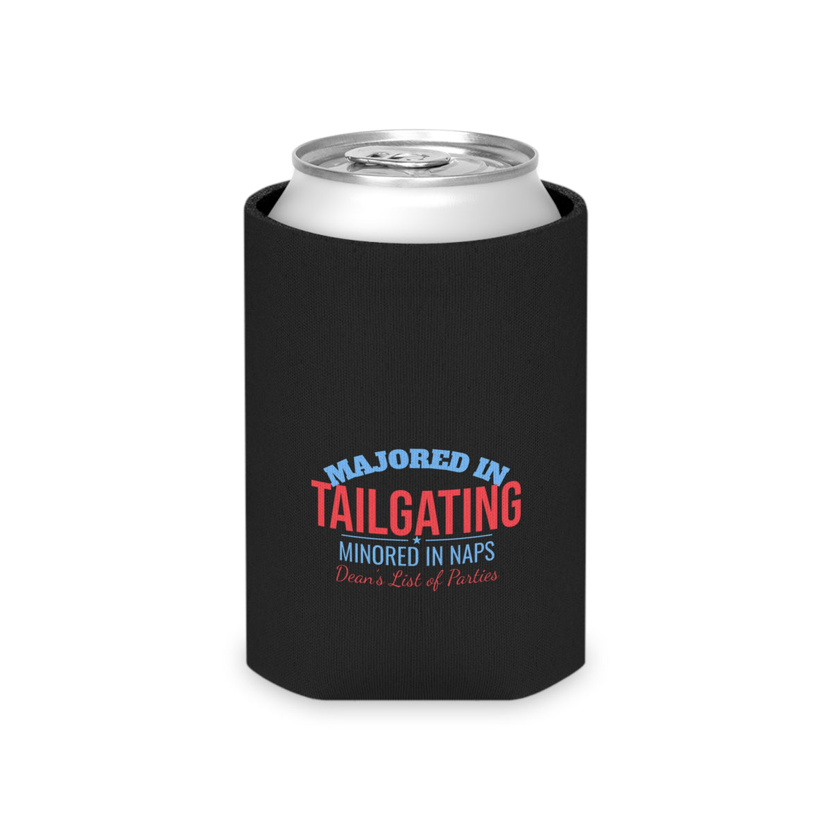 Black can cooler on a can with centered “Majored in Tailgating” logo