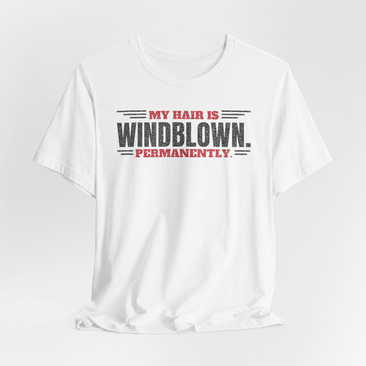 White crew-neck T-shirt with centered front slogan graphic text