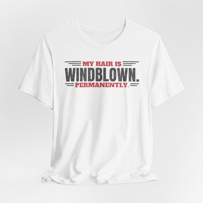 White crew-neck T-shirt with centered front slogan graphic text