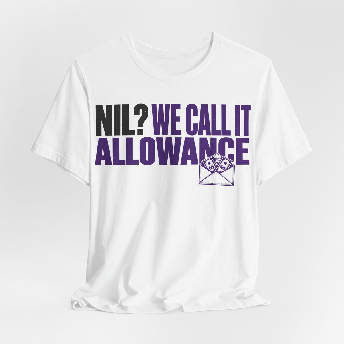White allowance tee with large black and purple slogan and envelope graphic on chest