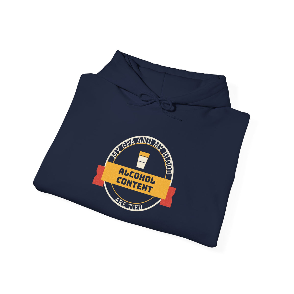 Navy pullover hoodie with front graphic and drawstring hood