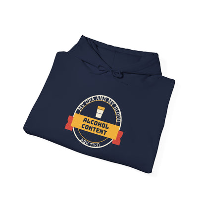 Navy pullover hoodie with front graphic and drawstring hood