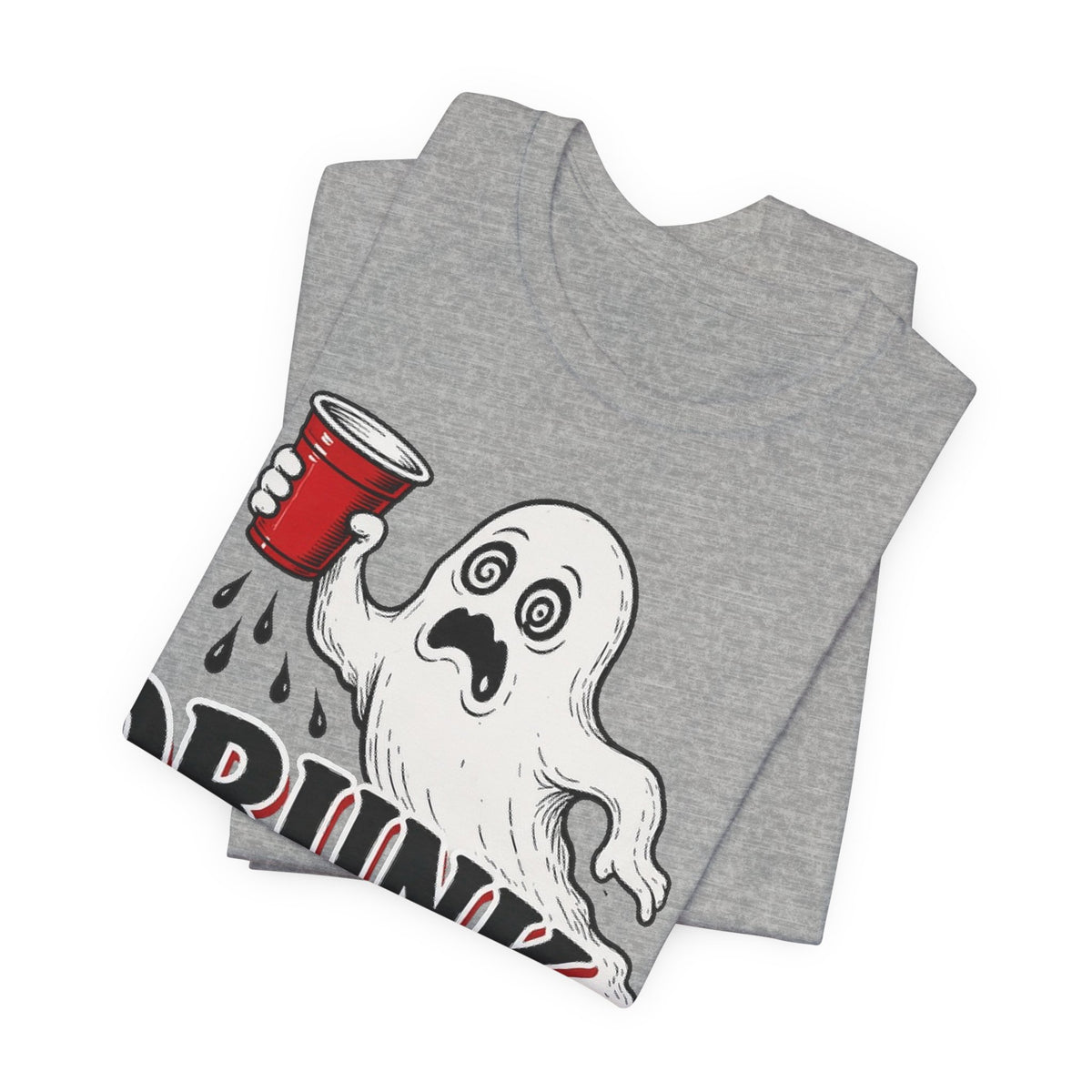 Heather gray graphic T-shirt with ghost and red cup, bold “DRUNK” lettering