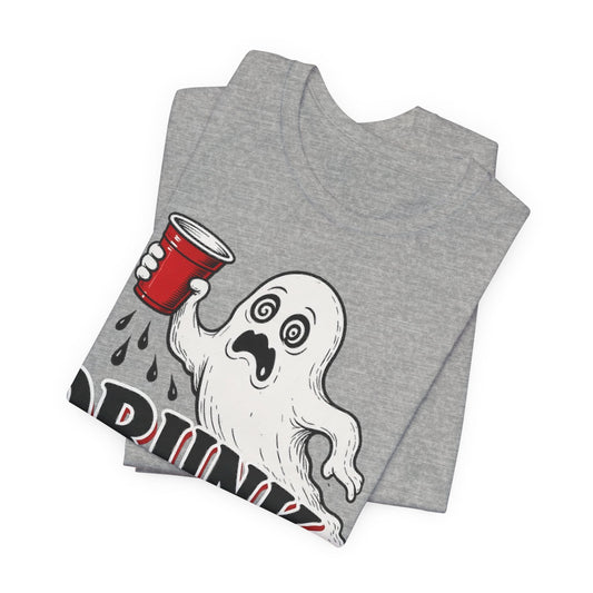 Heather gray graphic T-shirt with ghost and red cup, bold “DRUNK” lettering