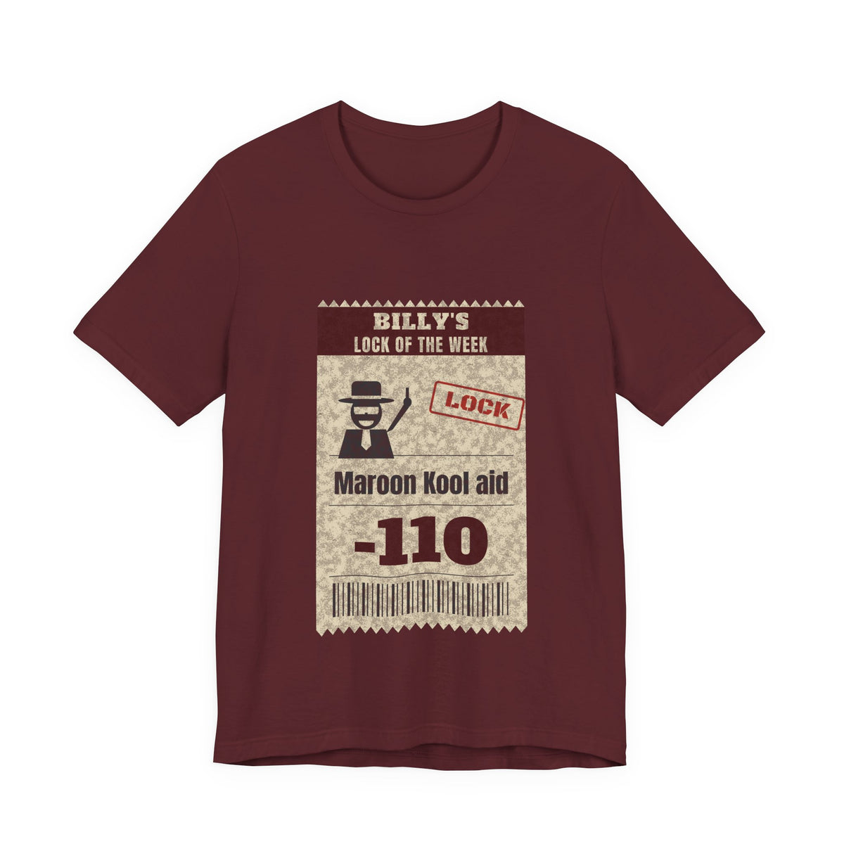 Maroon crewneck graphic T-shirt with illustrated poster and '110' barcode print