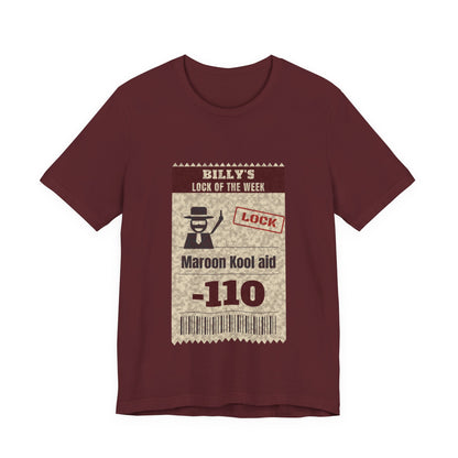 Maroon crewneck graphic T-shirt with illustrated poster and '110' barcode print