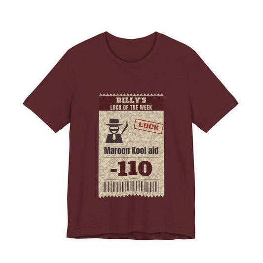 Maroon crewneck graphic T-shirt with illustrated poster and '110' barcode print