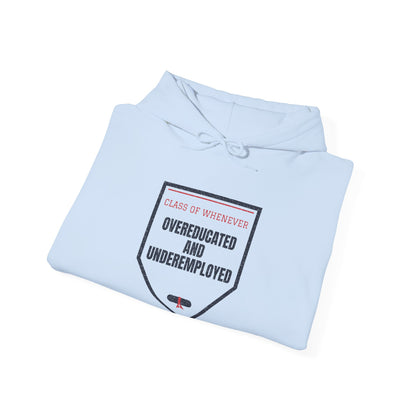 Light blue hoodie with square chest graphic and front hood drawstrings.