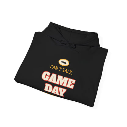 Black pullover hoodie with front pouch, drawstring hood, and "CAN'T TALK GAME DAY" graphic