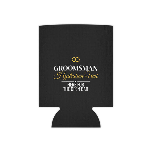 Black beverage koozie with cutout top and GROOMSMAN Hydration Unit text