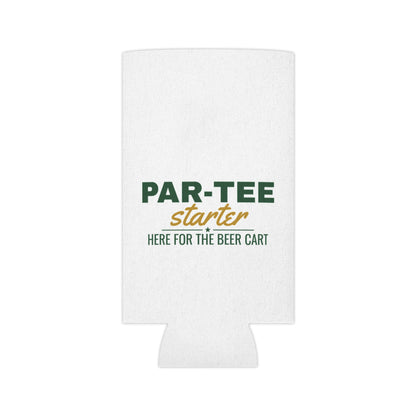 White flat koozie cutout with PAR-TEE starter logo and 'Here for the beer cart' text