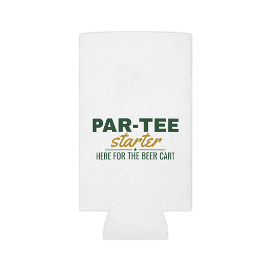 White flat koozie cutout with PAR-TEE starter logo and 'Here for the beer cart' text