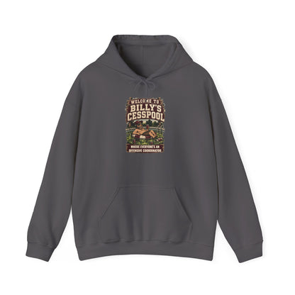 Charcoal hoodie with front kangaroo pocket and hood, 'Welcome to Billy's Cesspool' graphic