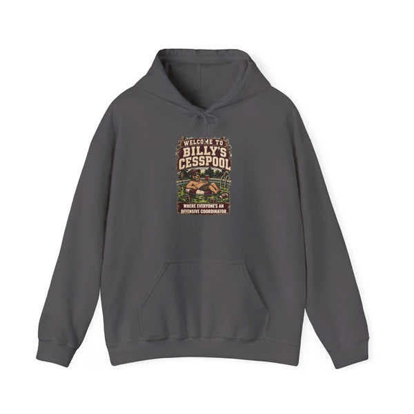 Charcoal hoodie with front kangaroo pocket and hood, 'Welcome to Billy's Cesspool' graphic