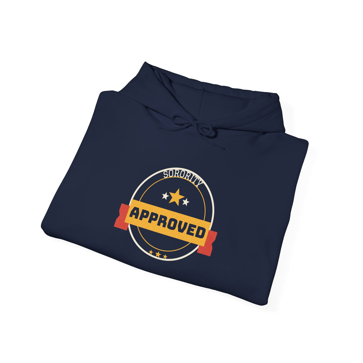 Navy hooded pullover sweatshirt with front Sorority Approved logo graphic