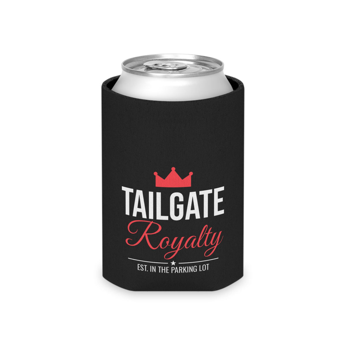 Black can cooler koozie for soda can, Tailgate Royalty logo with red crown