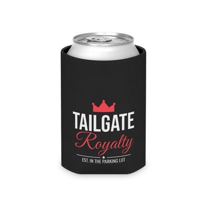 Black can cooler koozie for soda can, Tailgate Royalty logo with red crown