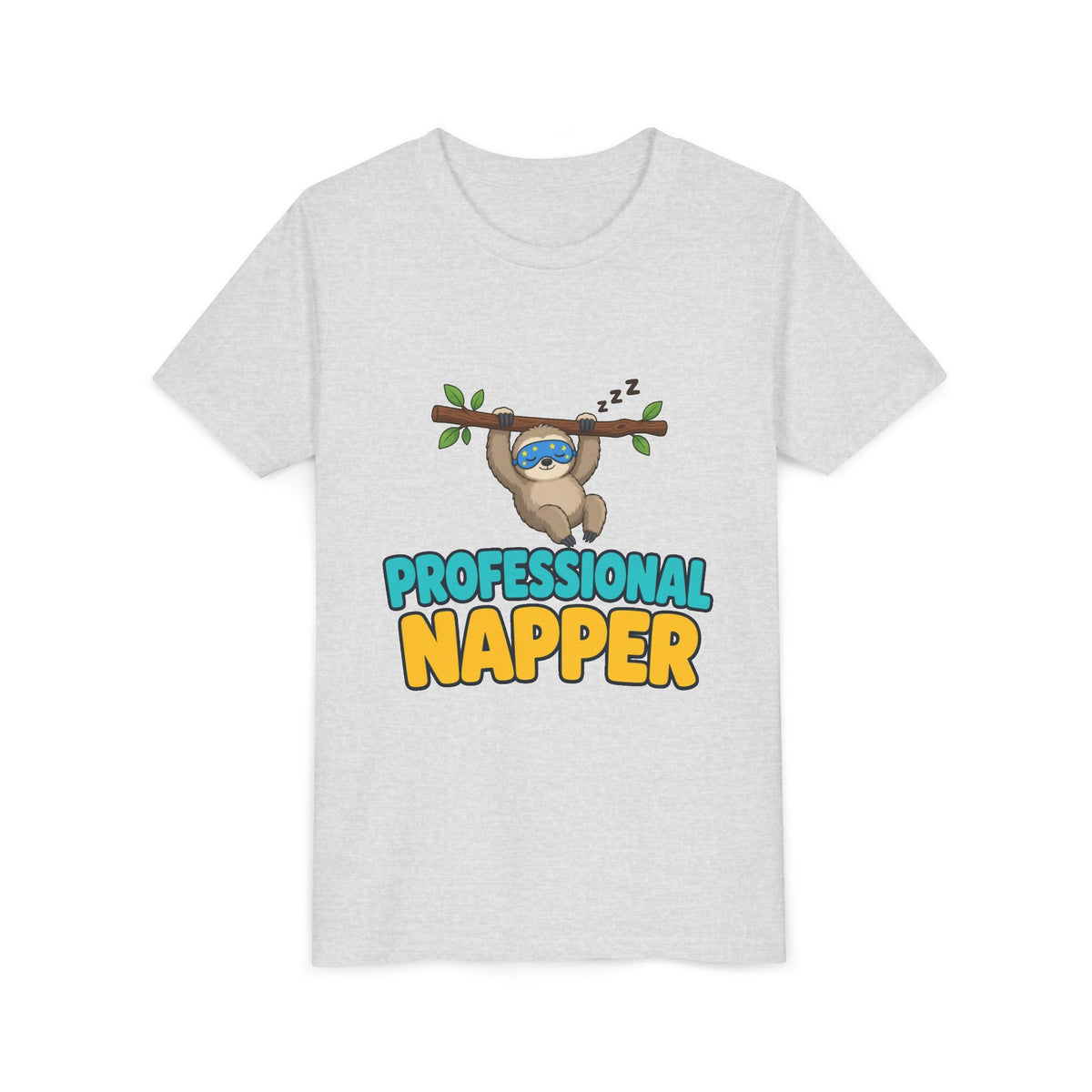 Kids heather gray crew-neck tee with sloth under "PROFESSIONAL NAPPER" front graphic