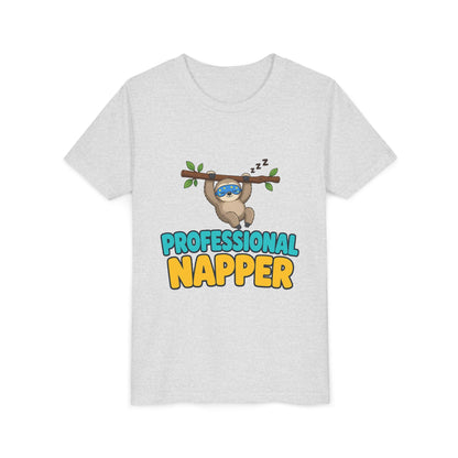 Kids heather gray crew-neck tee with sloth under "PROFESSIONAL NAPPER" front graphic