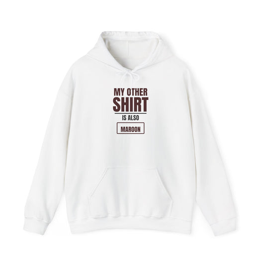 White pullover hoodie with front logo text and maroon 'Maroon' label