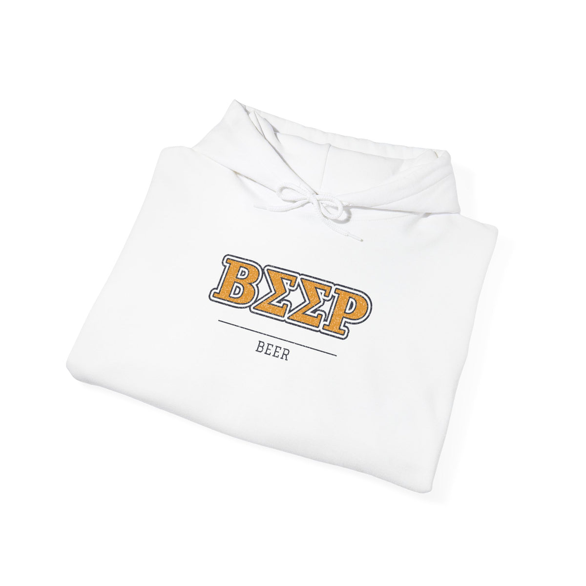 White pullover hoodie with front logo print, drawstring hood, and long sleeves