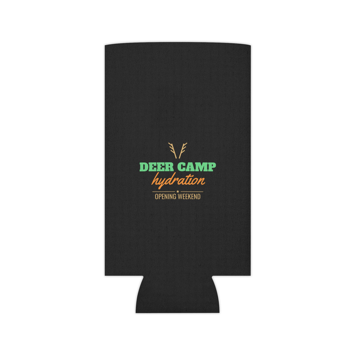 Black can koozie with deer-antler emblem and small hydration event text