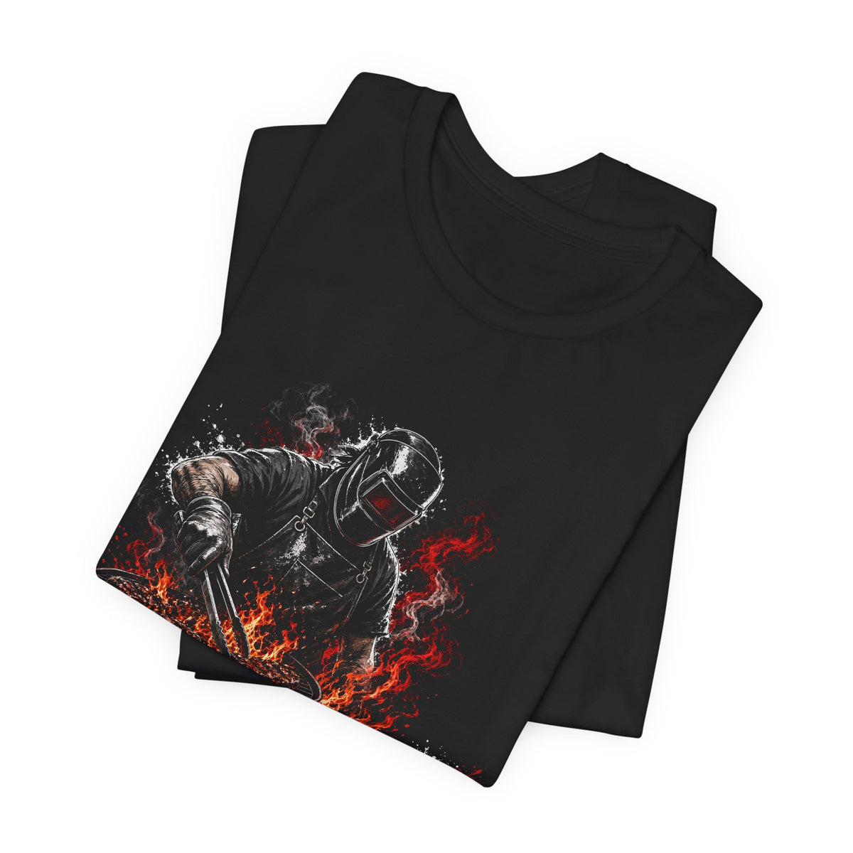 Black crewneck T-shirt, side view, with fiery grill astronaut graphic in red