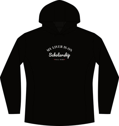 Women's black heather hoodie with chest graphic, hood and front pouch pocket