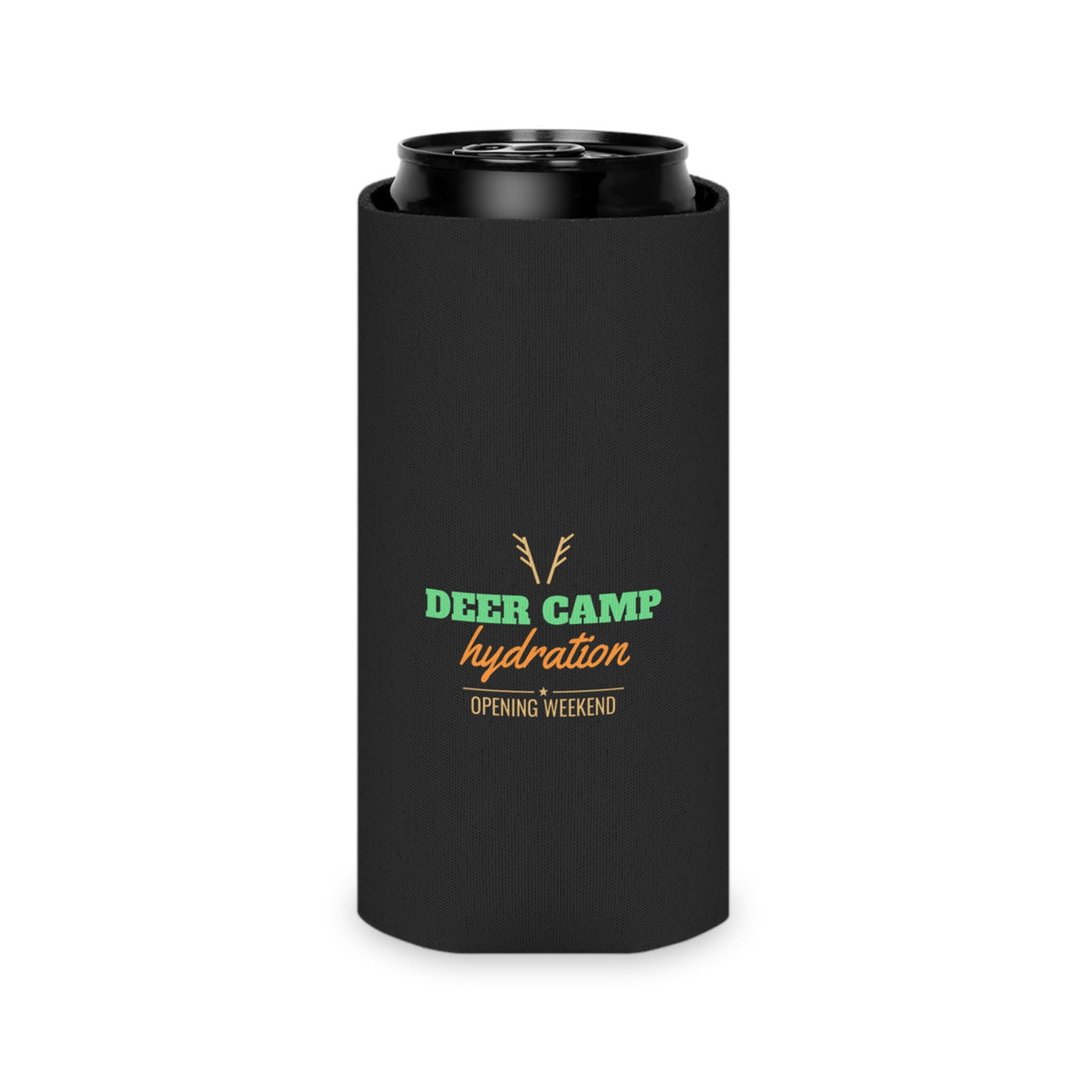 Black can koozie with open top, deer-antler emblem and camp hydration text