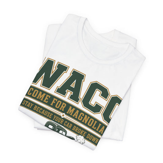 White crewneck graphic tee, close-up of WACO text and truck illustration