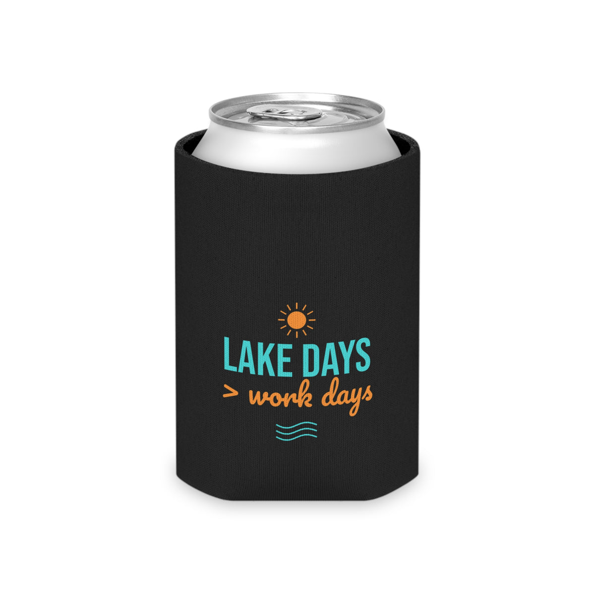 Black can cooler koozie with open top, featuring Lake Days > work days lettering
